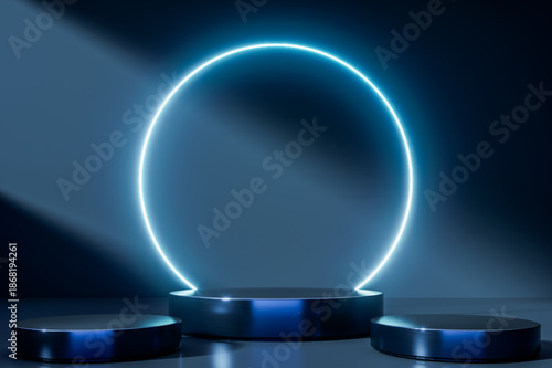 Dark luxury podium with glossy reflections and dramatic studio lighting on a minimalist background, ideal for premium product presentation, branding, and modern design, 3d rendering