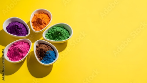 Vibrant holi colors in bowls for hindu festival of colors