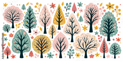 A colorful collection of stylized trees and floral elements on a white background