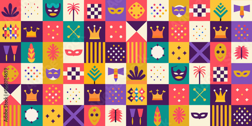 Colorful geometric patterns featuring masks crowns and plant motifs in a grid