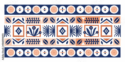 Repeating pattern of stylized floral and geometric elements in blue and orange