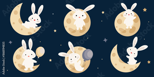 Cute white rabbits sitting on crescent moons and with balloons