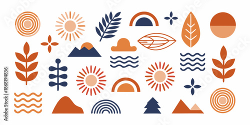 Abstract botanical shapes and forms in shades of orange and blue