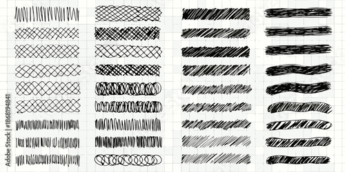 Variety of hand drawn scribble lines and patterns on squared paper