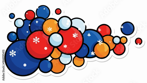 Abstract cluster of circular shapes with snowflake designs, in red, blue, and orange