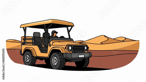 A yellow safari vehicle navigates sandy dunes under a clear white sky