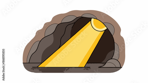 A yellow spotlight illuminates a dark cave opening, with layered rocky textures