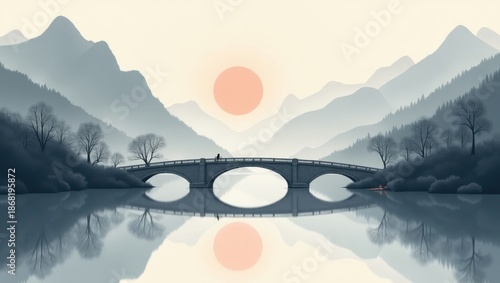 Serene mountain bridge at sunset