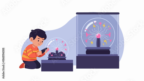 A young boy interacts with a plasma globe, fascinated by science