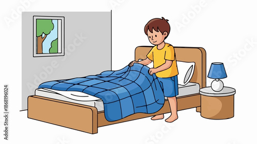 A young boy in a yellow t-shirt and blue shorts is making his bed