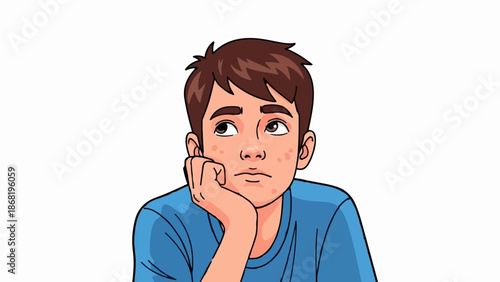 A young boy with brown hair and a blue shirt rests his chin on his hand, appearing thoughtful