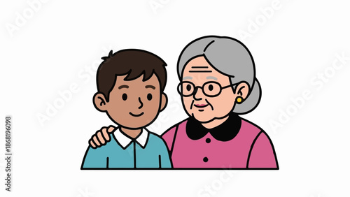 A young boy with his arm around an elder woman, smiling warmly