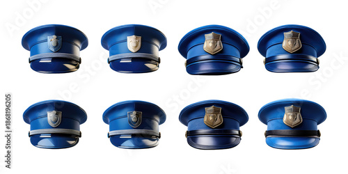 Collection of Blue Police Hats on White Background, PNG collection, set bundle, isolate on transparent or white background