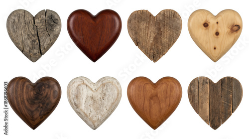 Wooden heart set including carved, rustic, weathered, polished, and grain textured varieties isolated. Decorative craft and romantic symbol collection.