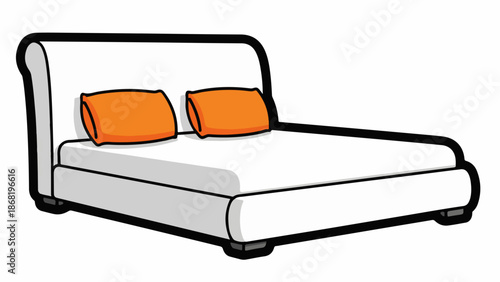 A white bed with orange pillows rests on a white background