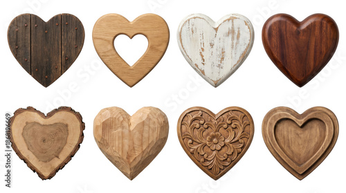 Wooden heart set including carved, rustic, planked, and natural grain textures isolated. Decorative handicraft and romantic ornament collection.