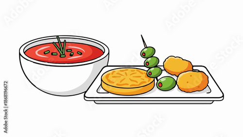 A white bowl of red soup with green garnishes, a rectangular platter with olives, potato tortilla, and chicken nuggets