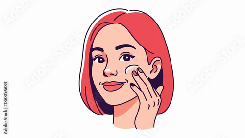 A woman with short red hair applies cream to her cheek with her fingers