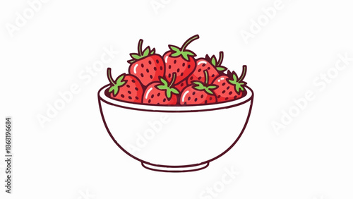 A white bowl overflowing with bright red strawberries with green stems and leaves