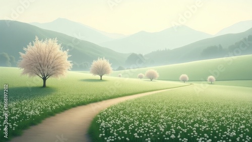 Serene path through blossoming meadow
