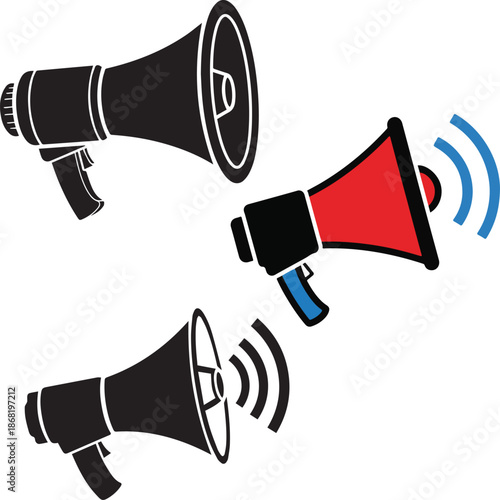 Megaphone and bullhorn vector icons set for protest, announcement, and marketing