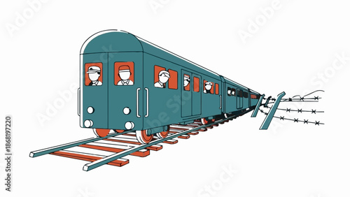 A stylized teal train with passengers travels along tracks beside a barbed wire fence
