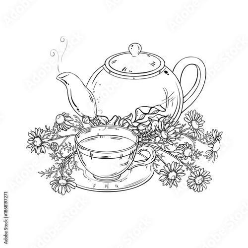 Chamomile Tea in Teapot Outline Illustration.