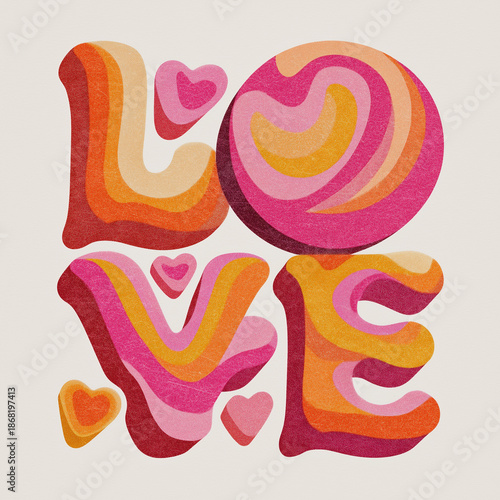 Retro Love Text Graphic Design in 70s Groovy Hippie Style with Hearts 
