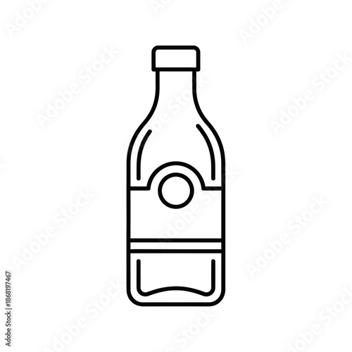 Simple outline drawing of a glass bottle with a label, isolated on white background.