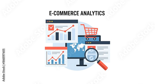 A graphic illustration of e-commerce analytics with various digital elements