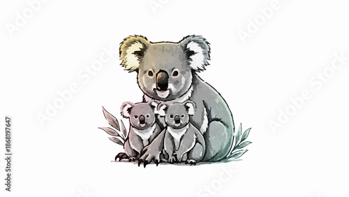 A watercolor illustration of a mother koala with two young koalas, surrounded by leaves