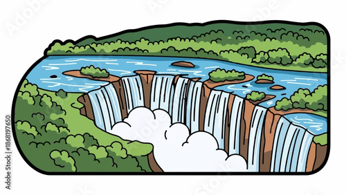 A vibrant illustration of a wide waterfall cascading into a misty abyss amidst lush green scenery