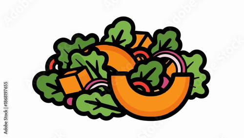 A vibrant, cartoon-style illustration of a healthy salad with fresh ingredients