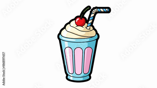 A vibrant, cartoon-style milkshake with whipped cream, a cherry, and a striped straw