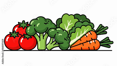 A vibrant illustration of fresh vegetables, including tomatoes, broccoli, lettuce, and carrots