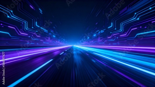 Technology speed motion concept panoramic high speed futuristic abstract background with dynamic light on road featuring neon blue purple glow conveying digital energy innovation virtual space and acc