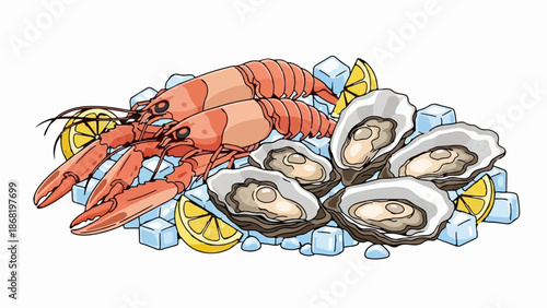 A vibrant illustration of fresh seafood, featuring two crimson crustaceans, open oysters, and bright lemon slices on ice