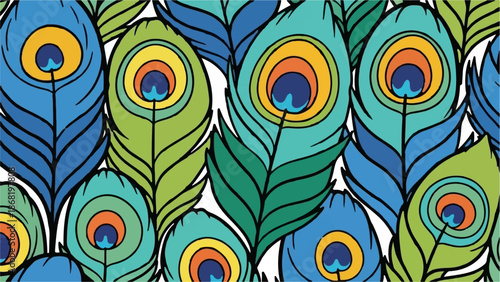 A vibrant, repeating pattern of stylized peacock feathers in blues, greens, and yellows