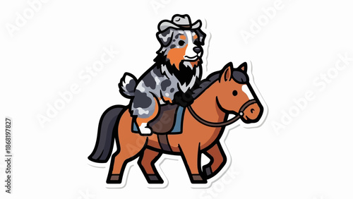 A whimsical Australian Shepherd cowboy rides a brown horse across a white background
