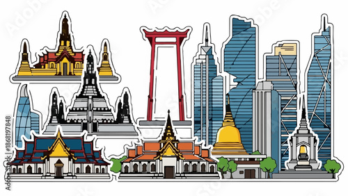 A vibrant skyline showcases ancient temples and modern skyscrapers in a bright illustration