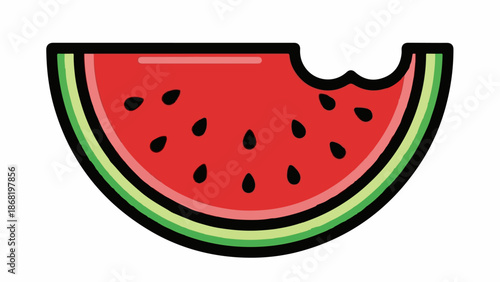 A vibrant slice of watermelon, showing its red flesh and black seeds, with a bite taken out