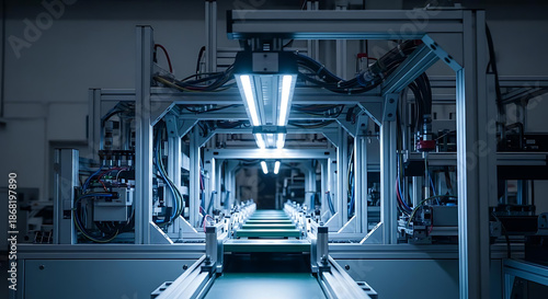 A modern industrial production line with machinery and lighting in a factory setting