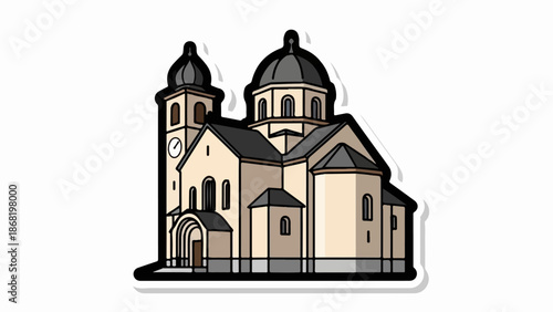 A tan and grey domed building with a clock tower and arched entryways