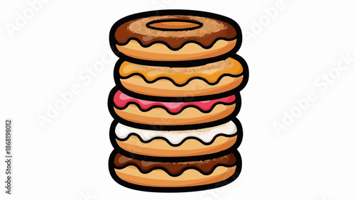 A tall stack of colorful iced donuts on a white background