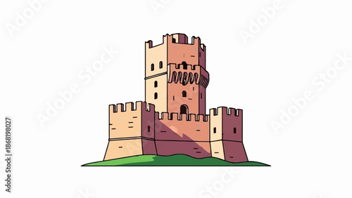 A tall, pixelated medieval tower stands on a grassy mound, its ramparts defined by notched battlements