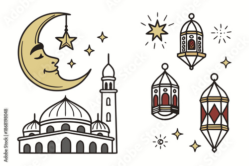 Digital Icons Of Crescent Stars Mosque And Lantern