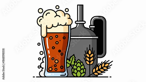 A tall glass of amber ale with frothy head sits next to a brewing apparatus and hops