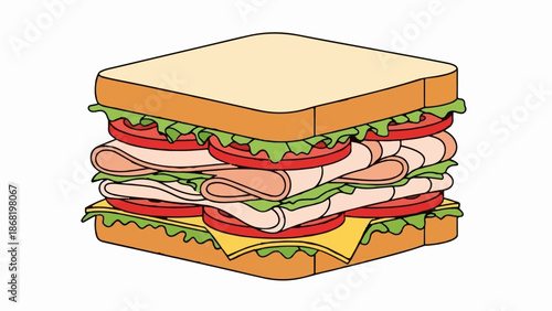 A tall, layered sandwich with bread, lettuce, tomatoes, and meat