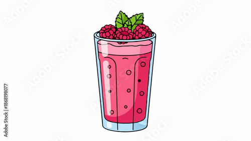 A tall glass filled with a pink raspberry drink, topped with fresh berries and mint leaves
