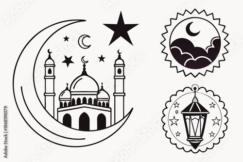 Digital Icons Of Crescent Stars Mosque And Lantern